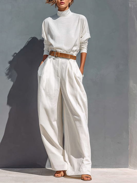 Women's All White Half High Neck Long Sleeve Loose T-shirt Wide Legs Two-piece Set (Belt Not Included)MDA2407G3Y