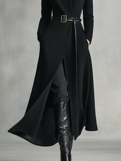 Women's Black Elegant Wool - Blend Turtleneck Belted Maxi Coat MDA2807H5I