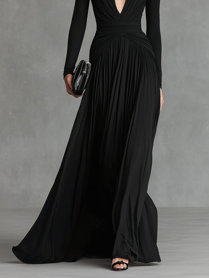 Women's Black Modern Flowy Crepe Plunging - V Maxi Gown MDA0416I2I