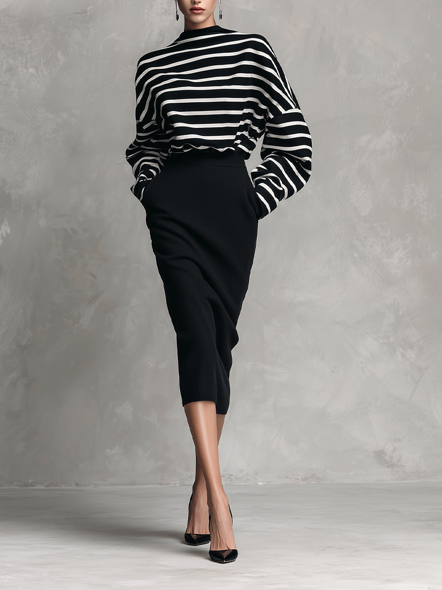 Women's Black & White Elegant Cotton - Blend Striped Oversized Top & Pencil Skirt Set MDA2755H5I
