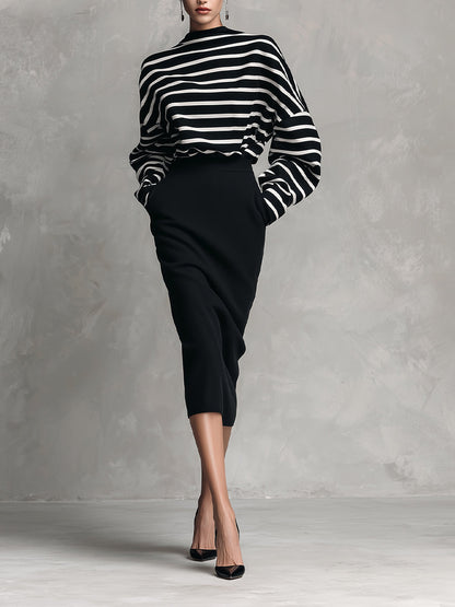 Women's Black & White Elegant Cotton - Blend Striped Oversized Top & Pencil Skirt Set MDA2755H5I