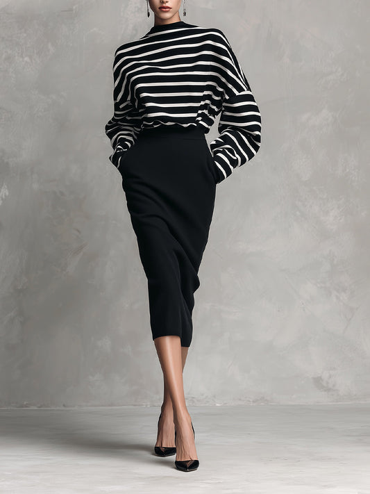 Women's Black & White Elegant Cotton - Blend Striped Oversized Top & Pencil Skirt Set MDA2755H5I