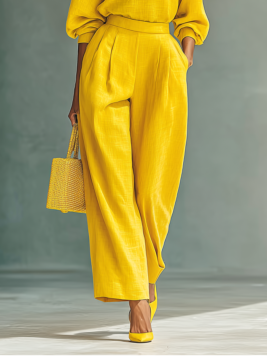 Women's Bright Yellow Cotton Blend Long Sleeve Top And Wide-Leg Pants Set MDA0475I3T