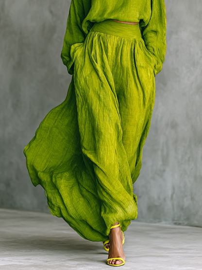Women's Green Turtleneck Cotton And Linen Blend Suit MDA2938G4T