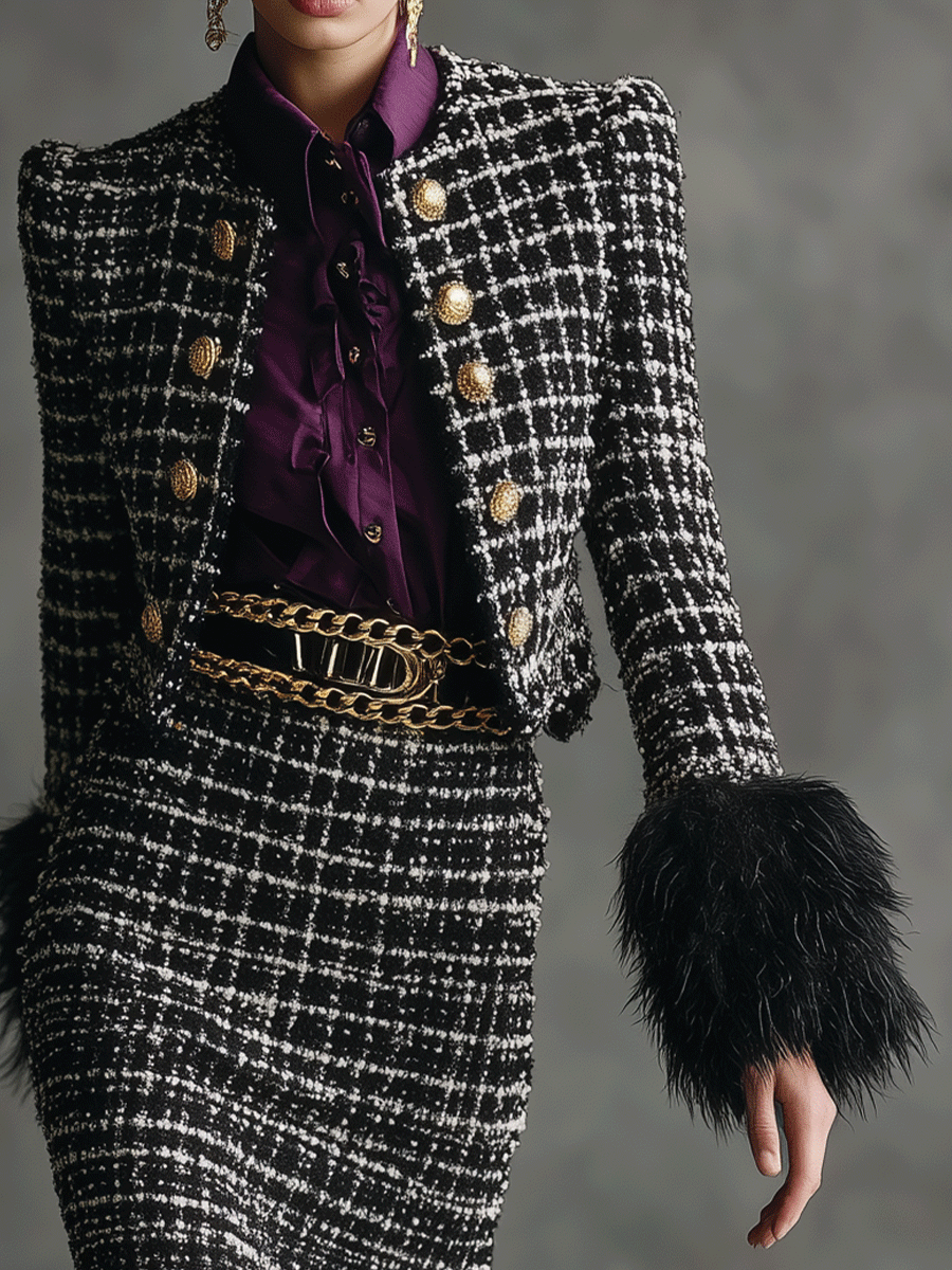 Women's Black - White Elegant Tweed Feather - Trimmed Skirt Suit MDA0459I6I