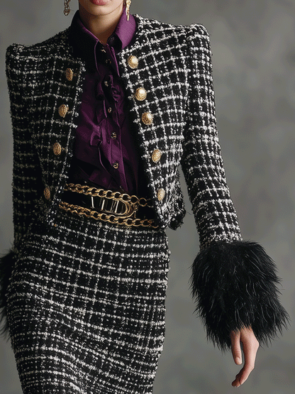 Women's Black - White Elegant Tweed Feather - Trimmed Skirt Suit MDA0459I6I
