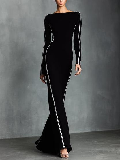 Women's Black Elegant Stretch - Knit Contrast - Piped Maxi Dress MDA2887H0I