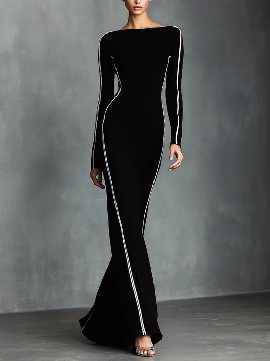 Women's Black Elegant Stretch - Knit Contrast - Piped Maxi Dress MDA2887H0I