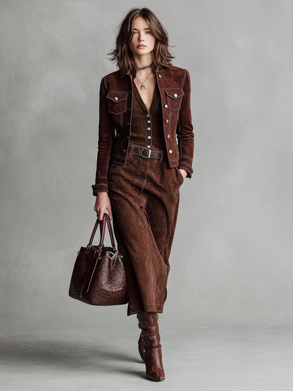 Women's Suede Short Jacket And One-Step Skirt Set (Without Belt) MDA2763H8Y