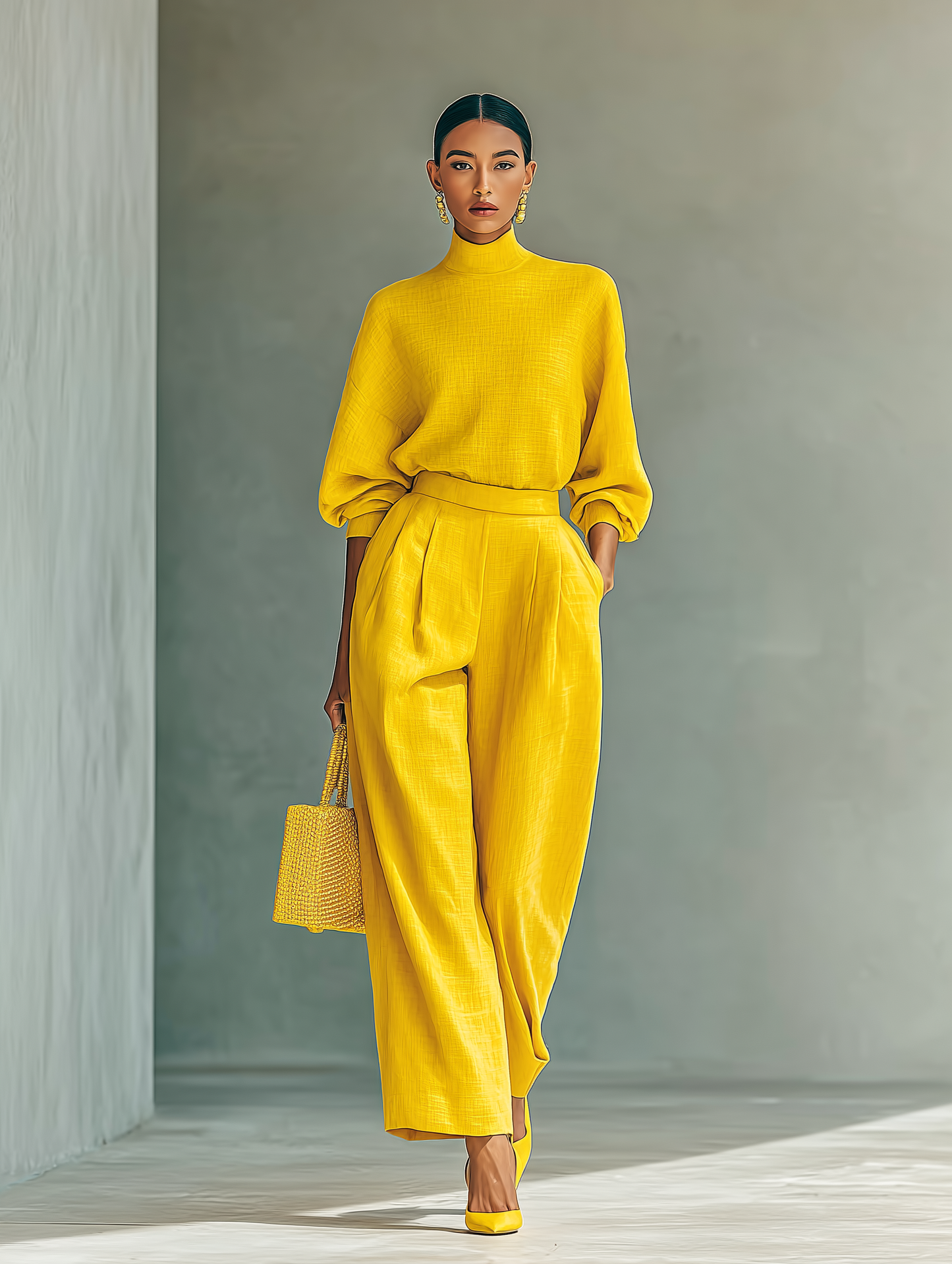 Women's Bright Yellow Cotton Blend Long Sleeve Top And Wide-Leg Pants Set MDA0475I3T
