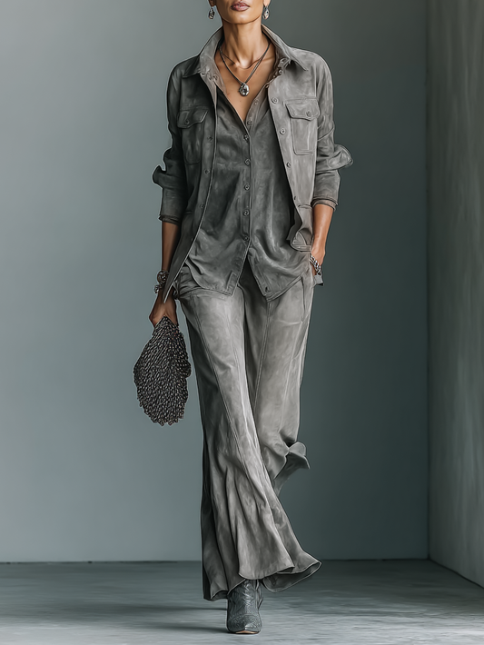 Women's Casual Loose Suede Shirt Jacket And Flared Pants Set (Inner Layer Not Included) MDA0246I4Y