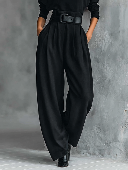 Women's All-black Turtleneck Long-sleeved T-shirt And Straight-leg Pants Two-piece Set (including Belt)MDA3095G6Y