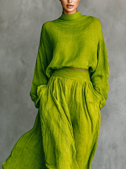 Women's Green Turtleneck Cotton And Linen Blend Suit MDA2938G4T