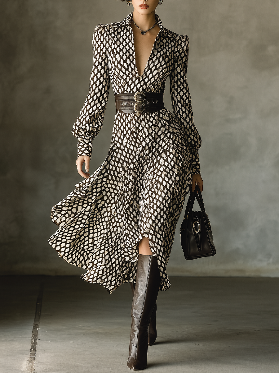 Women's Black And White Netted Chiffon Midi Dress (Without Belt) MDA0515H4T