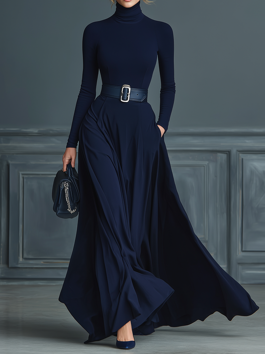 Women's Dark Blue Knitted High-neck Dress MDA2760H6T