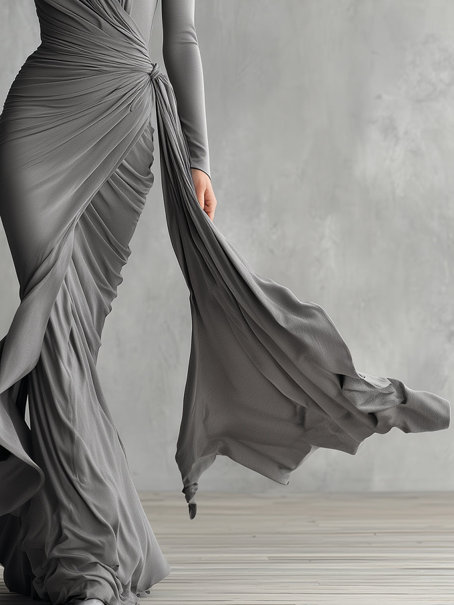 Women's Grey Elegant Stretch - Jersey Wrap - Style Ruched Maxi Dress MDA2998H9I