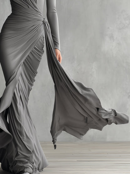 Women's Grey Elegant Stretch - Jersey Wrap - Style Ruched Maxi Dress MDA2998H9I