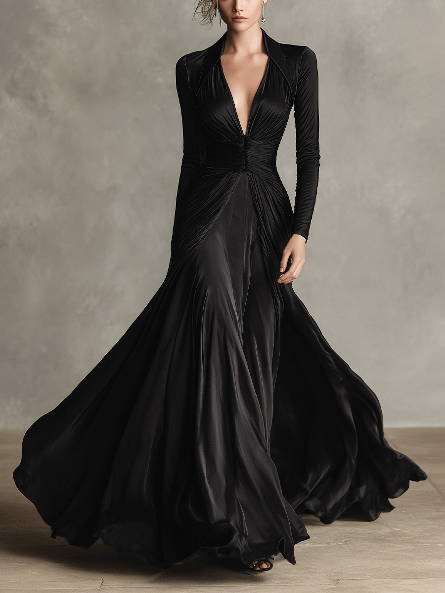 Women's Black Elegant Draped Stretch - Satin Maxi Gown MDA0360I4I