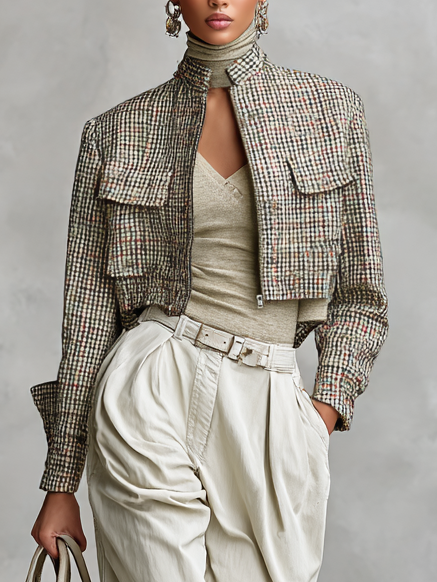 Women's Fashion Plaid Cropped Stand Collar Zipper Jacket MDA2520H4Y