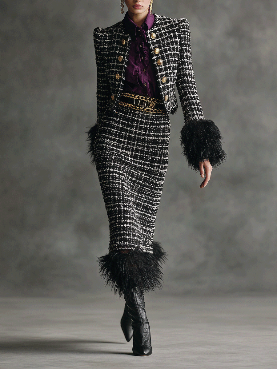 Women's Black - White Elegant Tweed Feather - Trimmed Skirt Suit MDA0459I6I