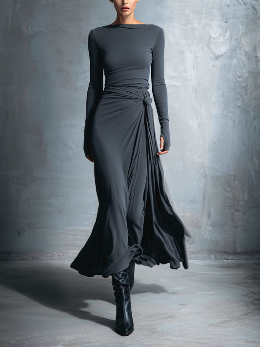 Women's Grey Sophisticated Jersey Knit Wrap - Knot Maxi Dress MDA1401H9I