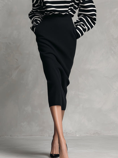 Women's Black & White Elegant Cotton - Blend Striped Oversized Top & Pencil Skirt Set MDA2755H5I