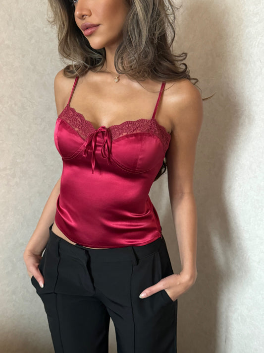 Silky lace top - dark red