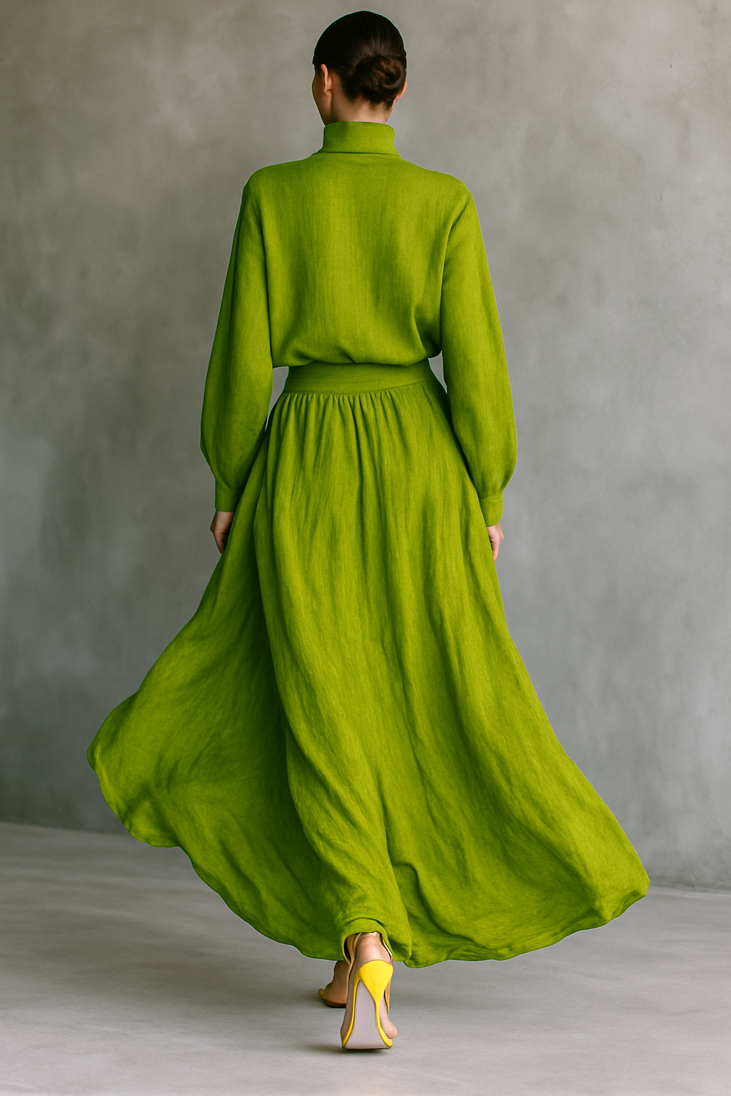 Women's Green Turtleneck Cotton And Linen Blend Suit MDA2938G4T