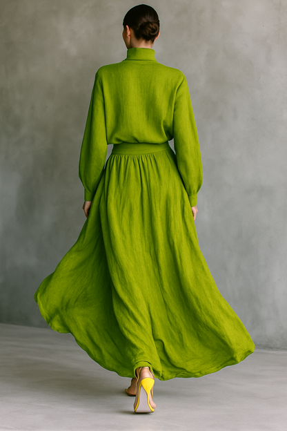 Women's Green Turtleneck Cotton And Linen Blend Suit MDA2938G4T