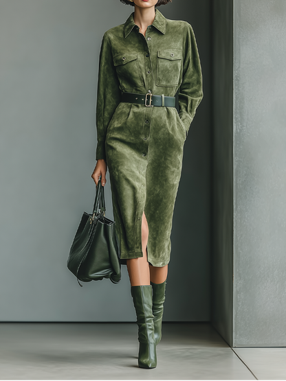 Women's Olive Green Suede Shirt Dress Midi Dress MDA0331I7T