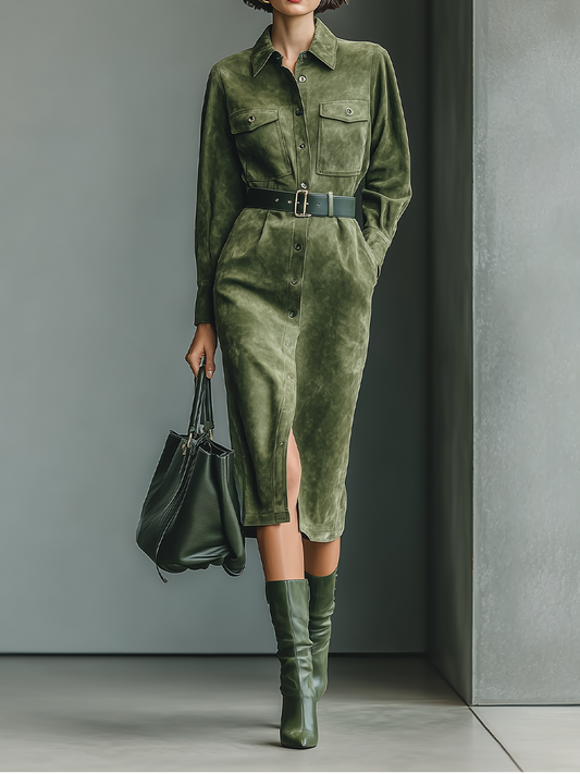 Women's Olive Green Suede Shirt Dress Midi Dress MDA0331I7T