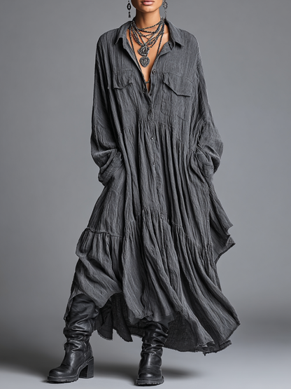 Women's Cotton And Linen Blend Loose Washed Shirt Maxi Dress MDA0486H7Y