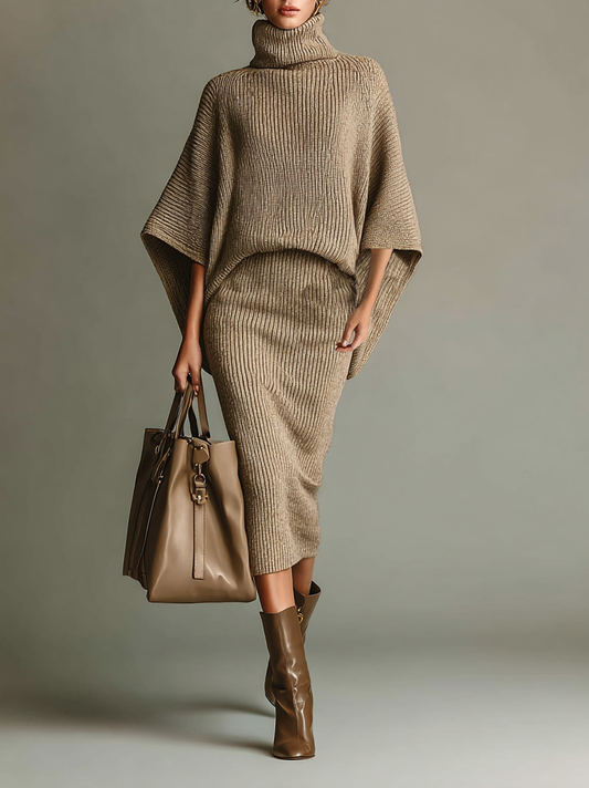 Women's Ribbed Knit Turtleneck Cape Sleeve Sweater Pencil Skirt Set MDA0518I9Y
