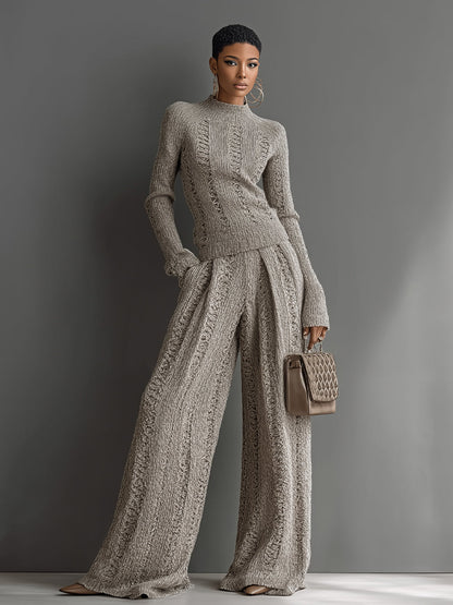 Women's Taupe Elegant Knit Textured Sweater & Wide - Leg Pants Set MDA1453H6I