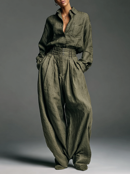 Women's Fashion Cotton And Linen Blended Long Sleeve Shirt Wide Leg Pants Two-Piece Set MDA3076G5Y