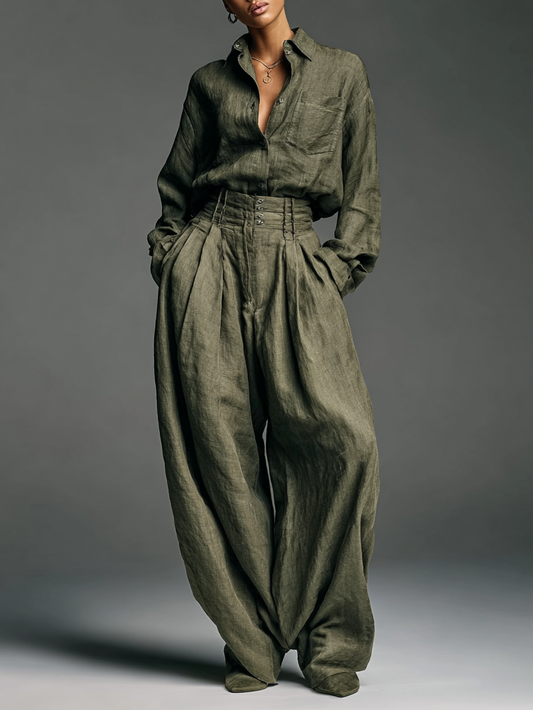 Women's Fashion Cotton And Linen Blended Long Sleeve Shirt Wide Leg Pants Two-Piece Set MDA3076G5Y