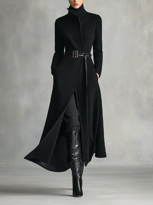 Women's Black Elegant Wool - Blend Turtleneck Belted Maxi Coat MDA2807H5I