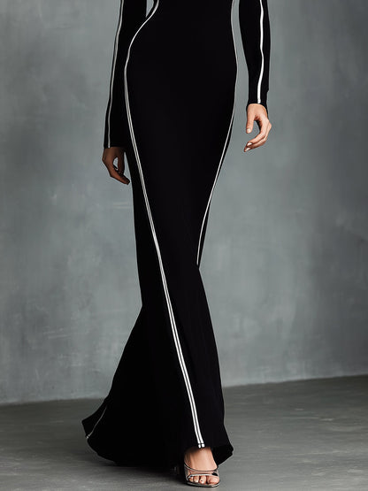 Women's Black Elegant Stretch - Knit Contrast - Piped Maxi Dress MDA2887H0I