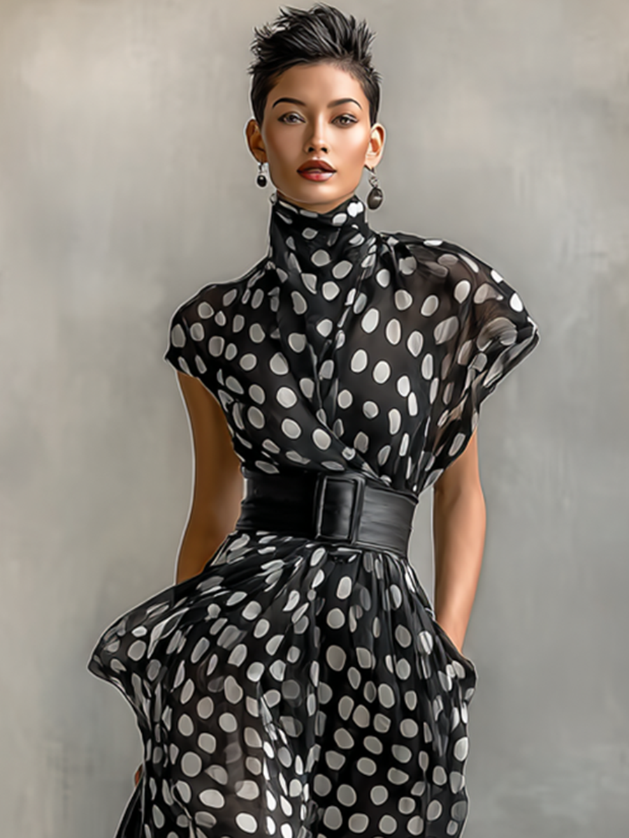 Women's Chiffon Polka Dot Print High Collar Cap Sleeve Belt Maxi Dress MDA1106G4Y