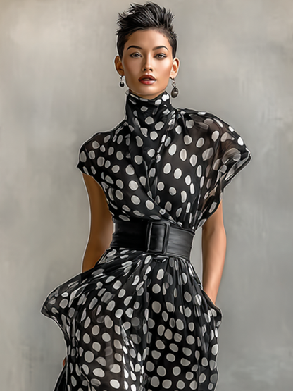 Women's Chiffon Polka Dot Print High Collar Cap Sleeve Belt Maxi Dress MDA1106G4Y