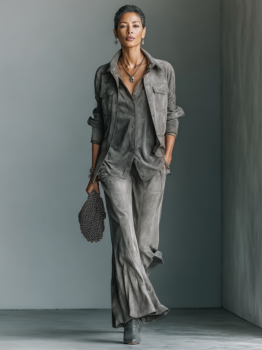 Women's Casual Loose Suede Shirt Jacket And Flared Pants Set (Inner Layer Not Included) MDA0246I4Y
