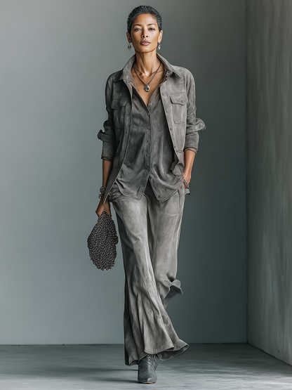 Women's Casual Loose Suede Shirt Jacket And Flared Pants Set (Inner Layer Not Included) MDA0246I4Y