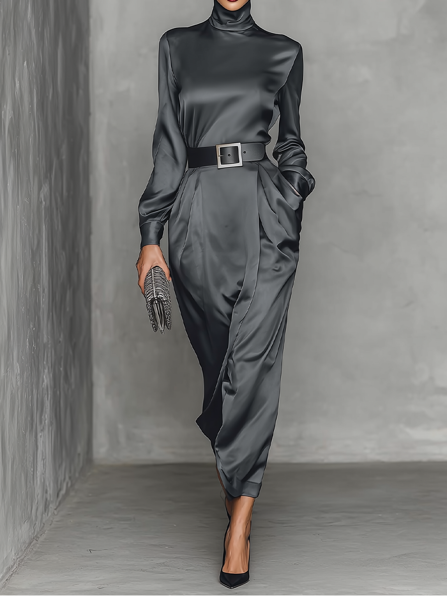 Women's Dark Grey Satin Waisted High Collar Maxi Dress MDA0451I5T