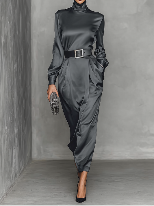 Women's Dark Grey Satin Waisted High Collar Maxi Dress MDA0451I5T
