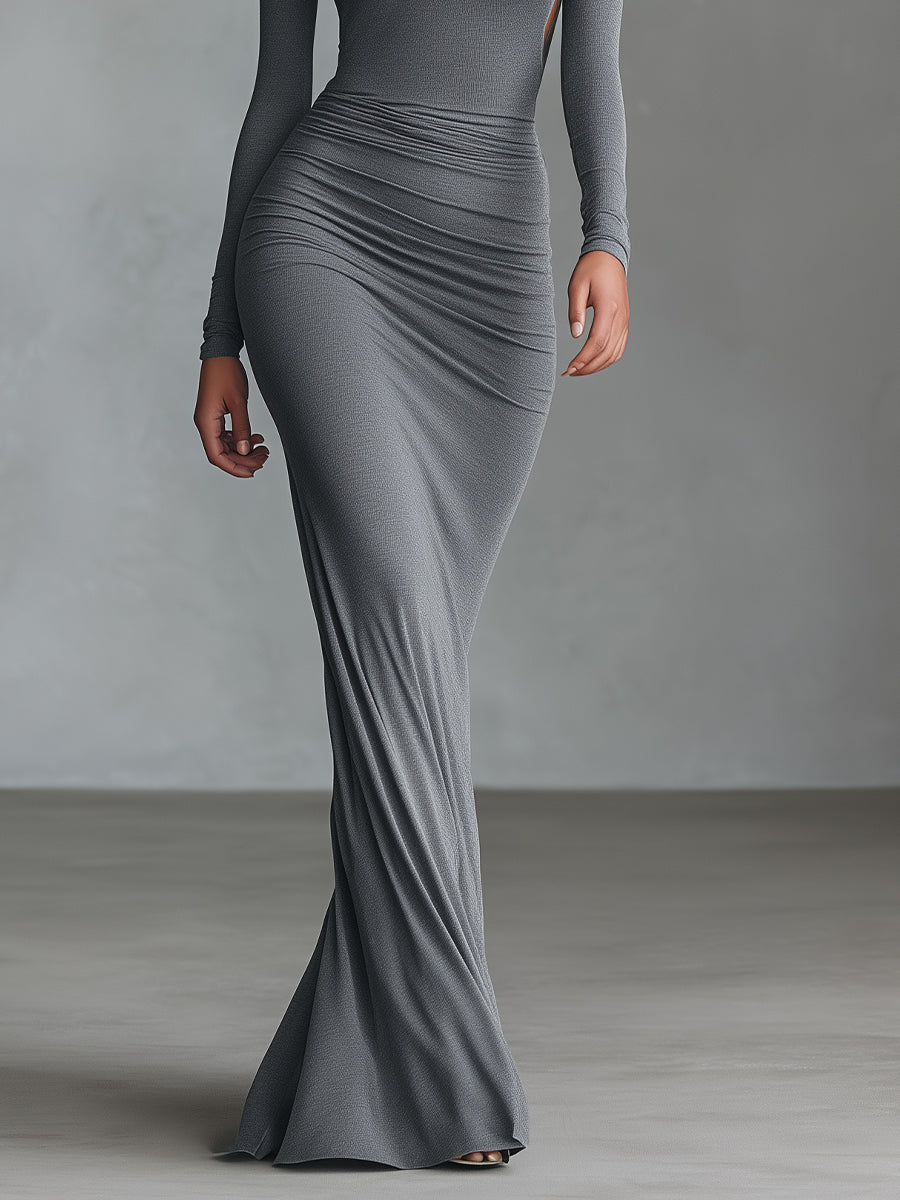 Women's Grey Elegant Stretch - Knit Ruched Open - Back Maxi Dress MDA2860H8I