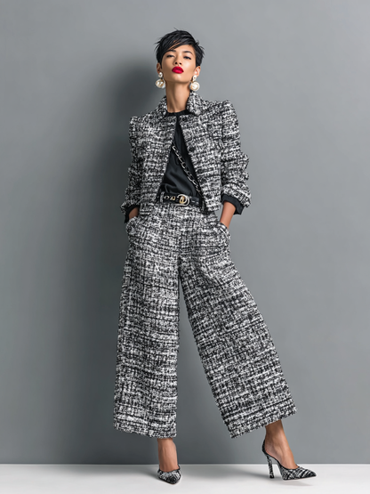 Women's Tweed Blend Single-Breasted Cropped Jacket And Wide-Leg Pants Set MDA2589H6Y