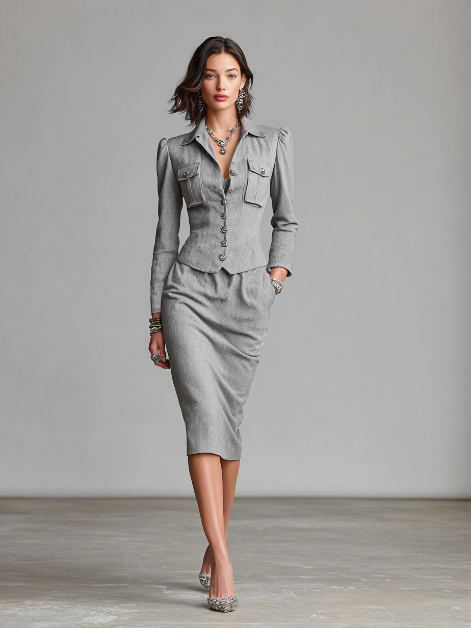 Women's Retro Business Short Blazer And One-Step Skirt Set MDA2701H3Y