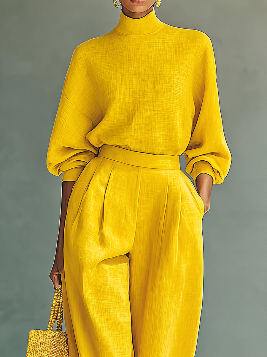 Women's Bright Yellow Cotton Blend Long Sleeve Top And Wide-Leg Pants Set MDA0475I3T