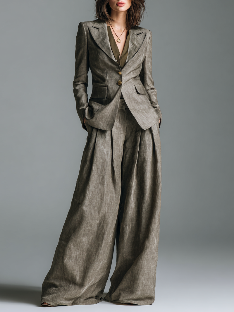 Women's Cotton And Linen Blend Lapel Blazer And Wide-Leg Pants Set MDA2538H6Y