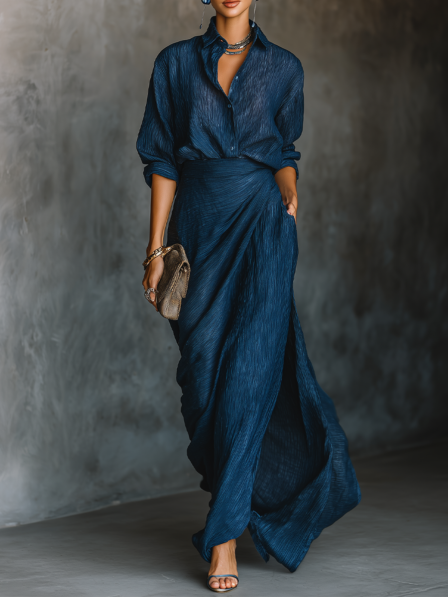 Women's Elegant Dark Blue Cotton And Linen Blend Shirt Long Skirt Set MDA0665H5T